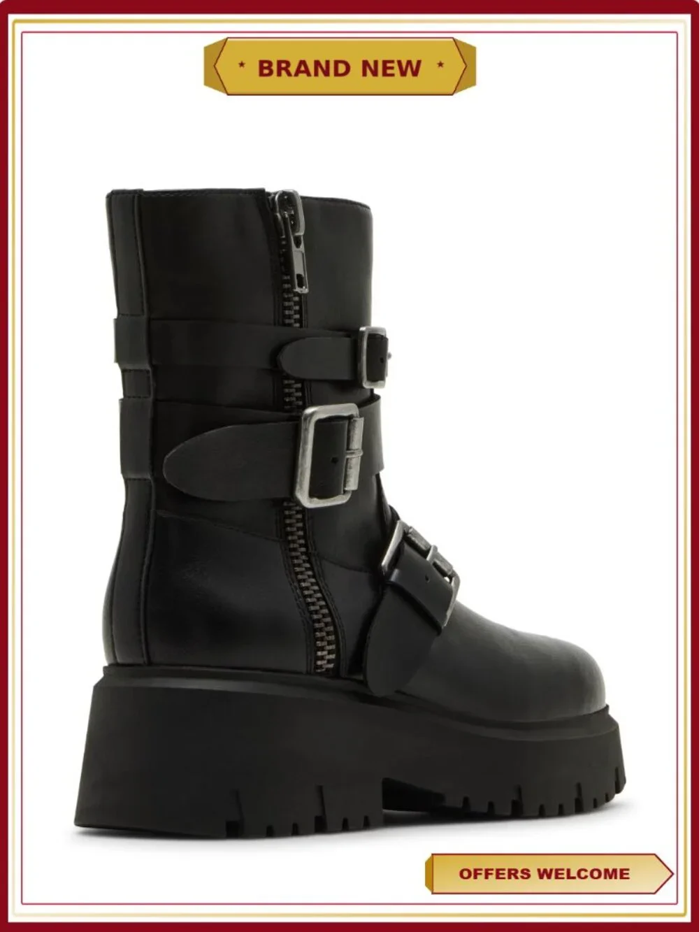 Ankle Bootie with Metal Buckle Details and Low Chunky Heel